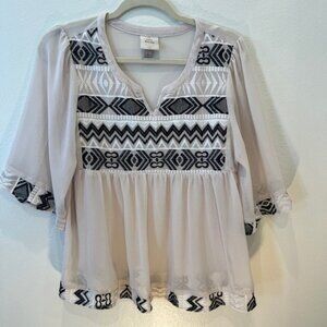 Know Rose Empire Waist White Black Tribal Pattern Sheer Blouse Small Baby Doll